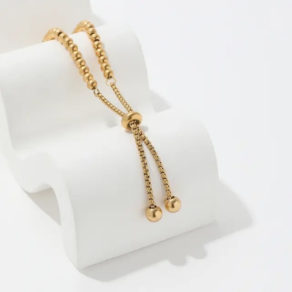 Gold Plated Bead Adjustable Bracelet. Non Tarnish and Waterproof - Picture 2 of 6